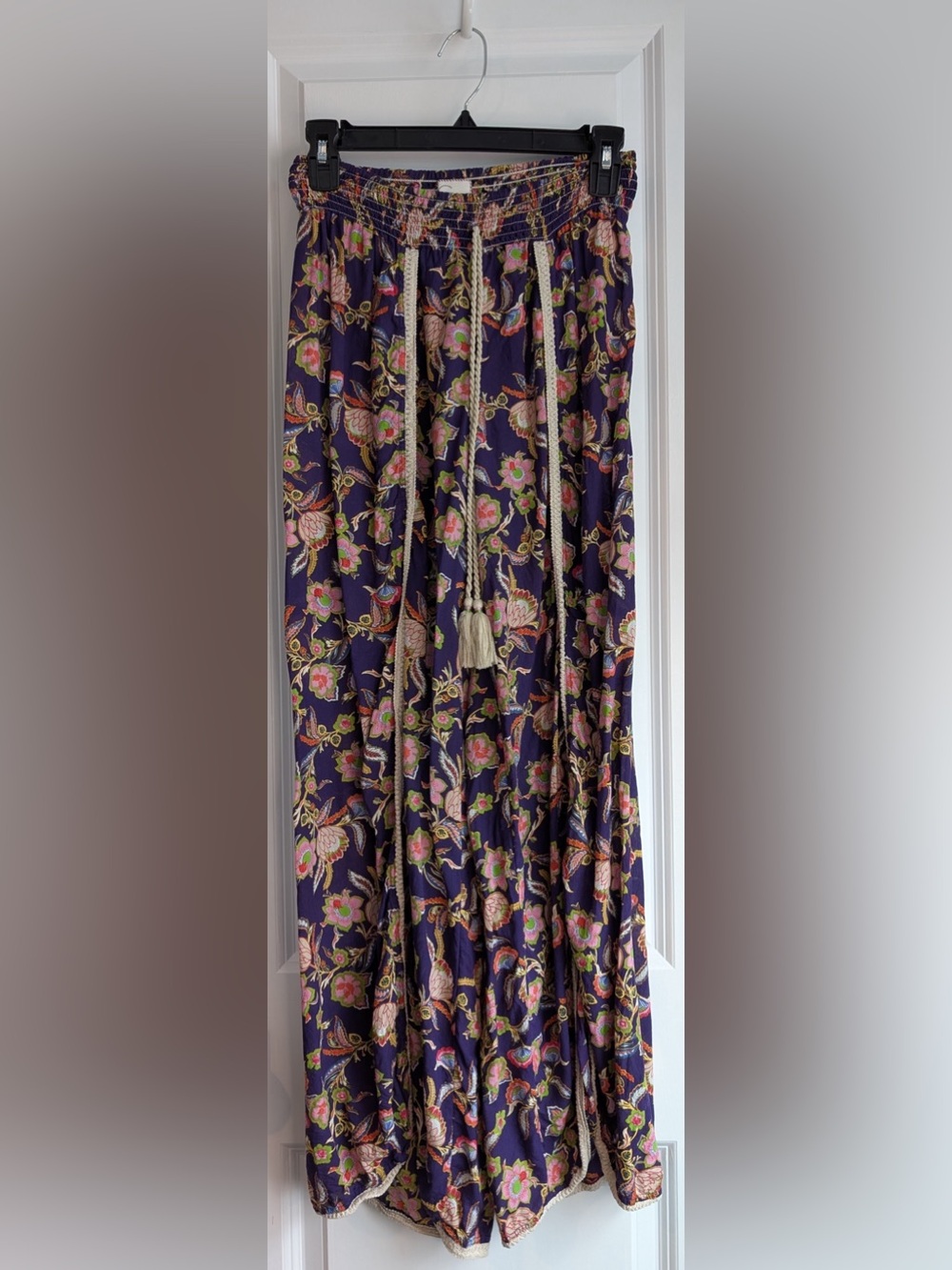 Anthropologie Front-Slit Floral Wide-Leg Tassel Tie Pants Floral Multi Purple XS